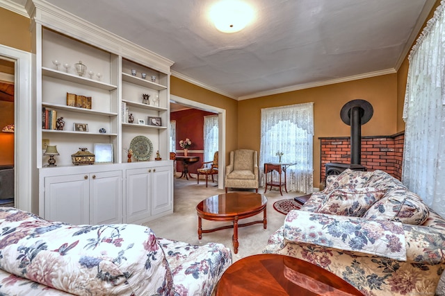 21 Oakwood Ave, Waterbury, CT 06708 - living room with light carpet, crown molding, and a wood stove