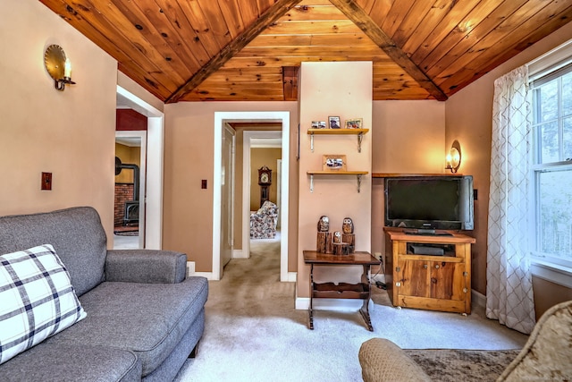 21 Oakwood Ave, Waterbury, CT 06708 - living area with wooden ceiling, vaulted ceiling, carpet floors, and a wood stove