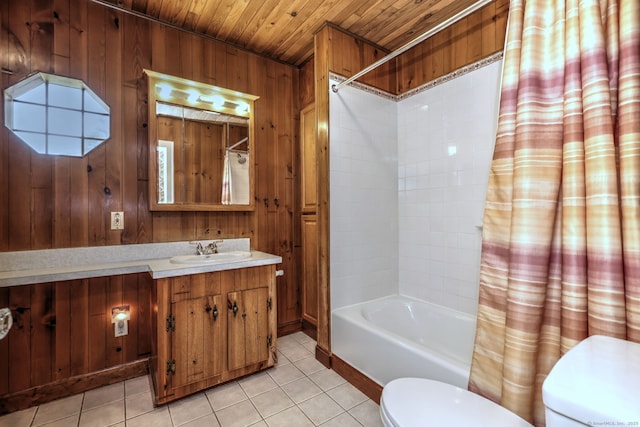 21 Oakwood Ave, Waterbury, CT 06708 - bathroom featuring wood ceiling, tile patterned flooring, shower / bath combo with shower curtain, vanity, and wooden walls