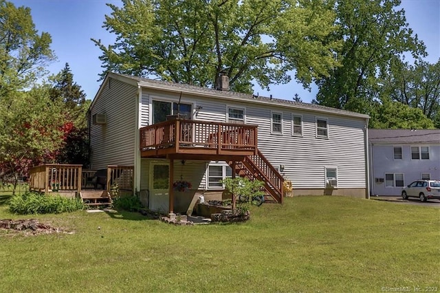 43 Plumtrees Rd Unit A, Bethel, CT 06801 - rear view of house with a wooden deck, a lawn, stairs, and a chimney