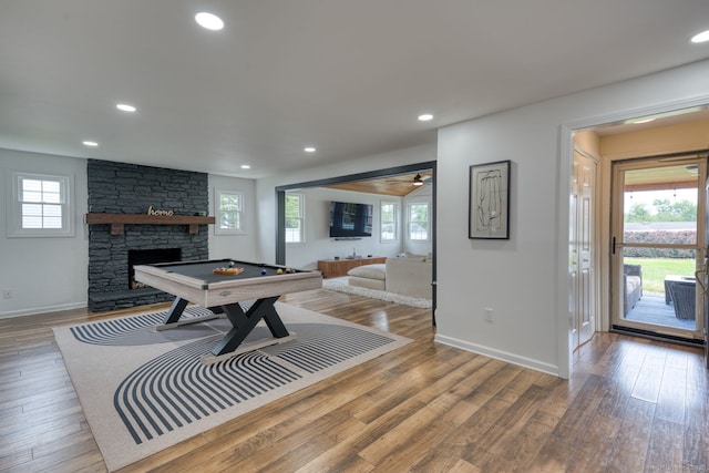 32 Patriot Ln, Newington, CT 06111 - game room with billiards table, wood finished floors, recessed lighting, and a fireplace