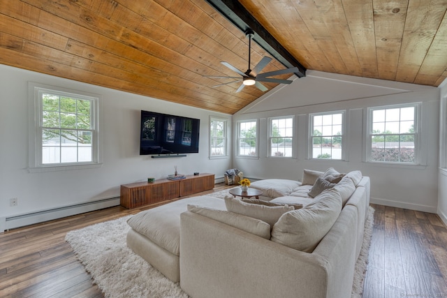 32 Patriot Ln, Newington, CT 06111 - living room with a baseboard heating unit, wood ceiling, healthy amount of natural light, a ceiling fan, and hardwood / wood-style flooring