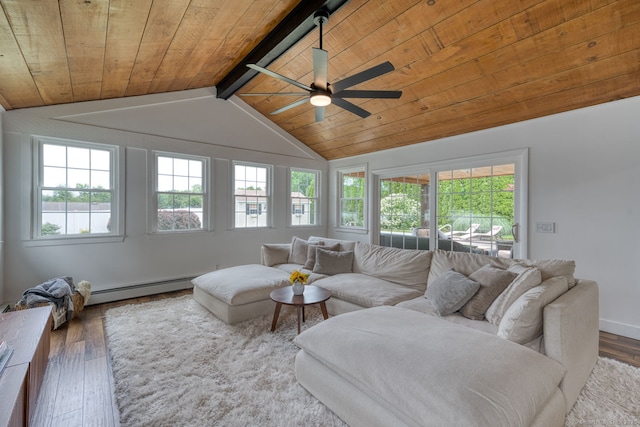 32 Patriot Ln, Newington, CT 06111 - living area featuring wooden ceiling, hardwood / wood-style floors, a baseboard heating unit, and ceiling fan