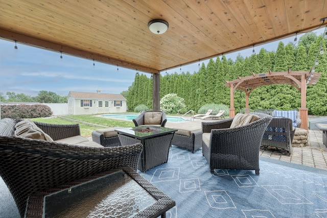 32 Patriot Ln, Newington, CT 06111 - view of patio with an outdoor living space with a fire pit, a pergola, and an outbuilding