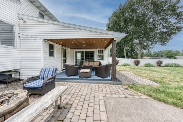 32 Patriot Ln, Newington, CT 06111 - fenced backyard featuring an outdoor hangout area and a patio