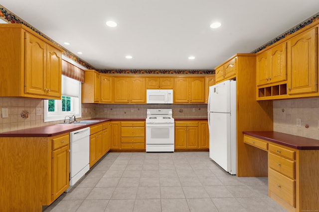 15 Sweet Meadow Dr, South Windsor, CT 06074 - kitchen with white appliances, backsplash, recessed lighting, and dark countertops