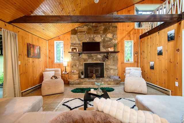 1668 N Rd, Killingly, CT 06241 - living area featuring a baseboard heating unit, wooden walls, a stone fireplace, wooden ceiling, and tile patterned floors
