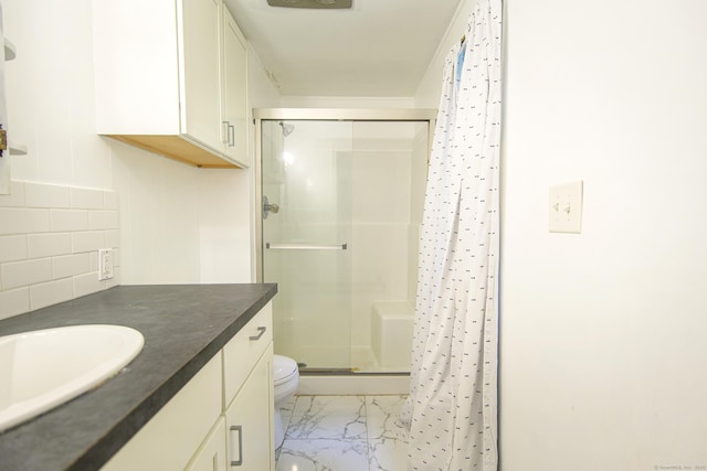 1668 N Rd, Killingly, CT 06241 - full bathroom featuring a stall shower, marble finish flooring, vanity, and tasteful backsplash