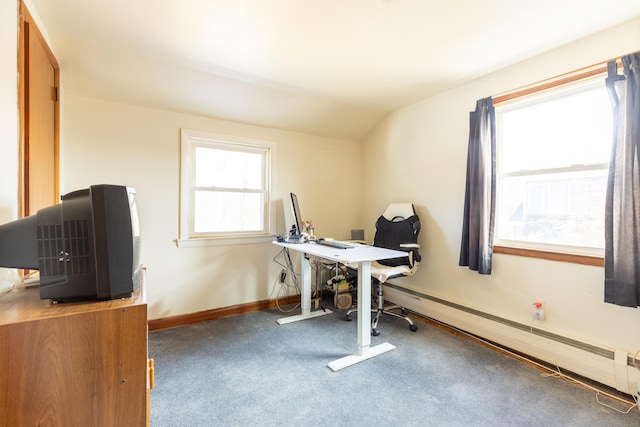 366 Hills St, East Hartford, CT 06118 - home office featuring carpet, lofted ceiling, and baseboard heating