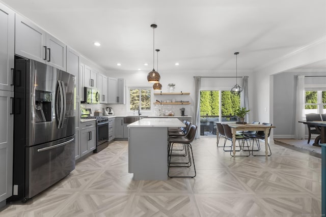 11 Regan Cir, Shelton, CT 06484 - kitchen with stainless steel appliances, gray cabinetry, open shelves, light countertops, and recessed lighting