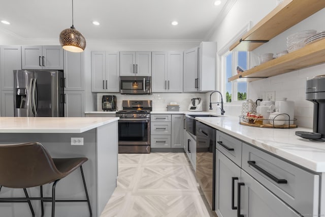 11 Regan Cir, Shelton, CT 06484 - kitchen featuring appliances with stainless steel finishes, gray cabinetry, open shelves, recessed lighting, and ornamental molding