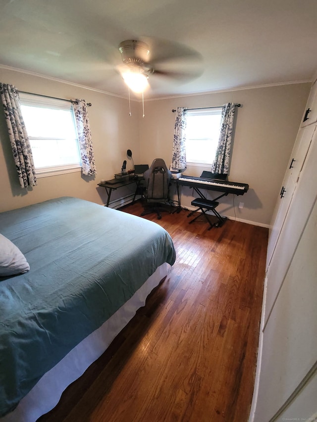 70 Ellsworth Dr, Bloomfield, CT 06002 - bedroom featuring multiple windows, wood finished floors, ornamental molding, and ceiling fan