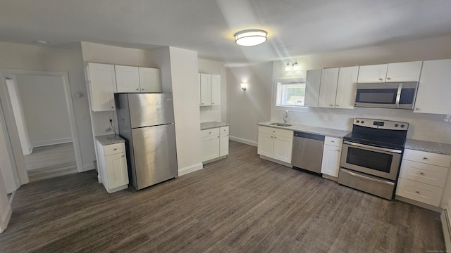 83 Mulberry St, Stamford, CT 06907 - kitchen with stainless steel appliances, dark wood-style flooring, backsplash, and white cabinets