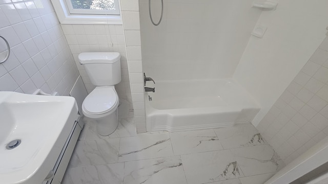 83 Mulberry St, Stamford, CT 06907 - full bath featuring marble look tiles, shower / bathtub combination, vanity, and tile walls