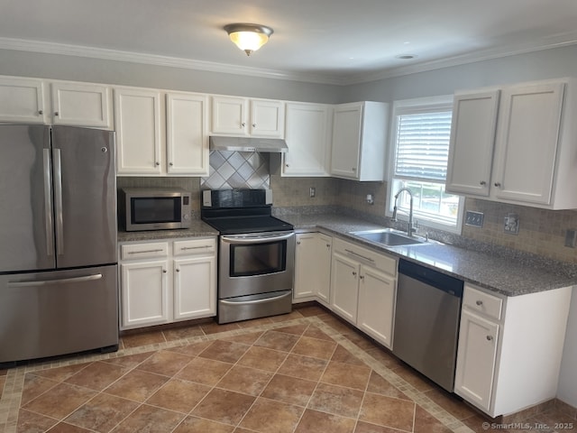 63 Lucy Cir, Wallingford, CT 06492 - kitchen with appliances with stainless steel finishes, under cabinet range hood, white cabinets, and crown molding
