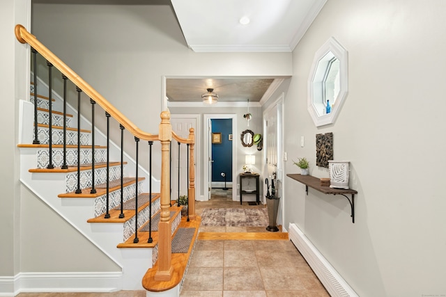 136 Knorr Rd, Monroe, CT 06468 - tiled entrance foyer featuring baseboard heating, crown molding, and stairs