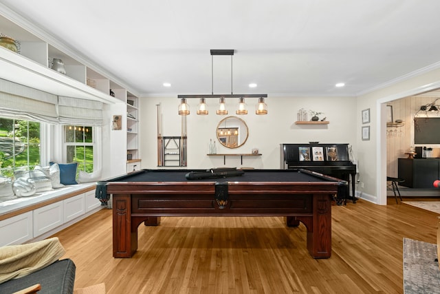 136 Knorr Rd, Monroe, CT 06468 - game room with pool table, light wood-style flooring, crown molding, baseboard heating, and recessed lighting