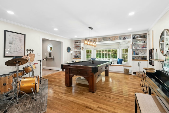 136 Knorr Rd, Monroe, CT 06468 - playroom featuring crown molding, pool table, light wood-style floors, and recessed lighting