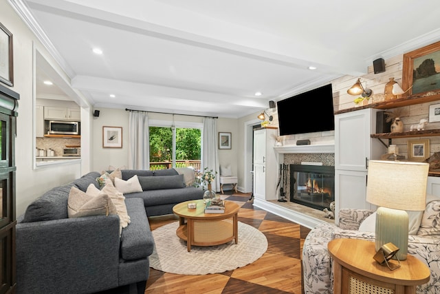 136 Knorr Rd, Monroe, CT 06468 - living room featuring ornamental molding, a glass covered fireplace, wood finished floors, recessed lighting, and beamed ceiling
