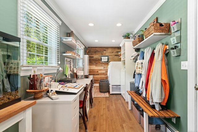 136 Knorr Rd, Monroe, CT 06468 - mudroom featuring wood walls, recessed lighting, ornamental molding, and light wood-style flooring
