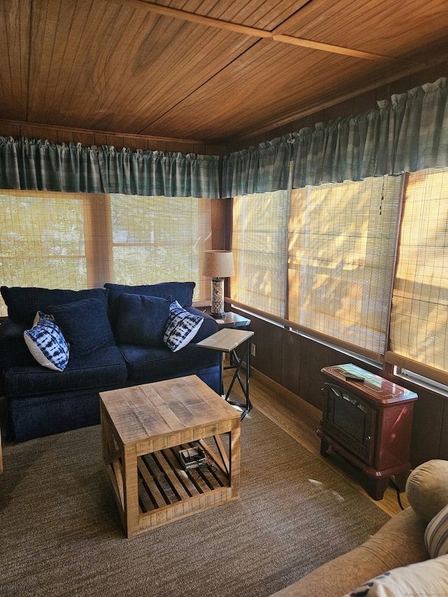 15 Ledge Rd, Lebanon, CT 06249 - living room with wood ceiling, wood finished floors, and a wood stove