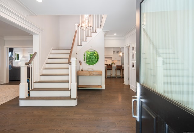 74 Brookside Rd, Darien, CT 06820 - stairs featuring ornamental molding, wood finished floors, recessed lighting, and a chandelier