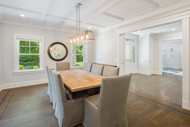 74 Brookside Rd, Darien, CT 06820 - dining space with ornamental molding, plenty of natural light, coffered ceiling, dark wood-type flooring, and recessed lighting