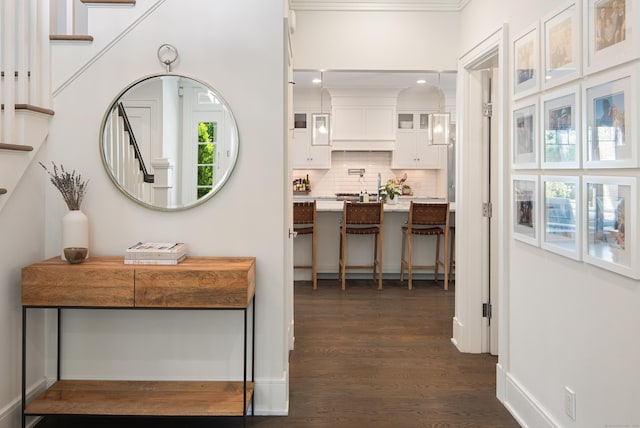 74 Brookside Rd, Darien, CT 06820 - hallway with dark wood-style flooring and stairway