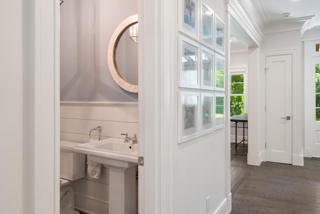 74 Brookside Rd, Darien, CT 06820 - bathroom featuring crown molding and wood finished floors