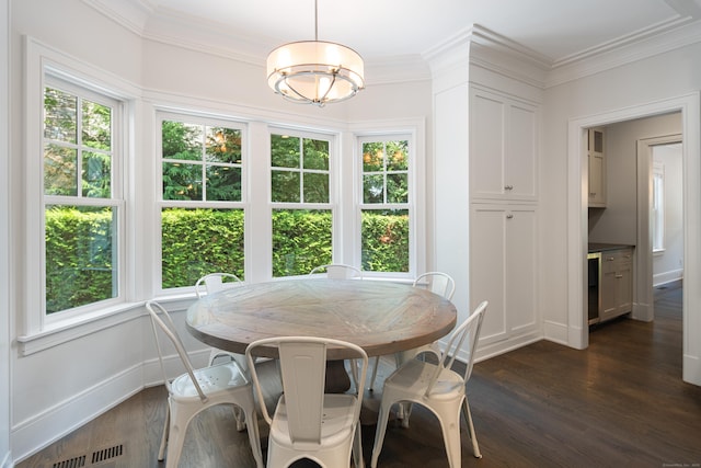 74 Brookside Rd, Darien, CT 06820 - dining space with dark wood-style flooring, a chandelier, crown molding, and wine cooler
