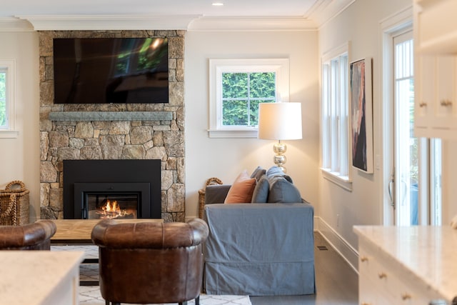 74 Brookside Rd, Darien, CT 06820 - living area featuring ornamental molding, a fireplace, and wood finished floors
