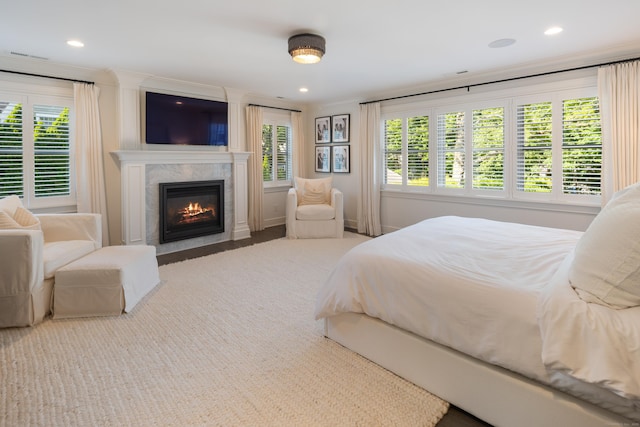 74 Brookside Rd, Darien, CT 06820 - carpeted bedroom featuring a high end fireplace, recessed lighting, and crown molding