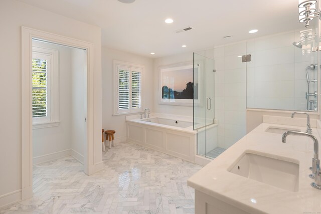 74 Brookside Rd, Darien, CT 06820 - full bath with a garden tub, a stall shower, double vanity, plenty of natural light, and recessed lighting
