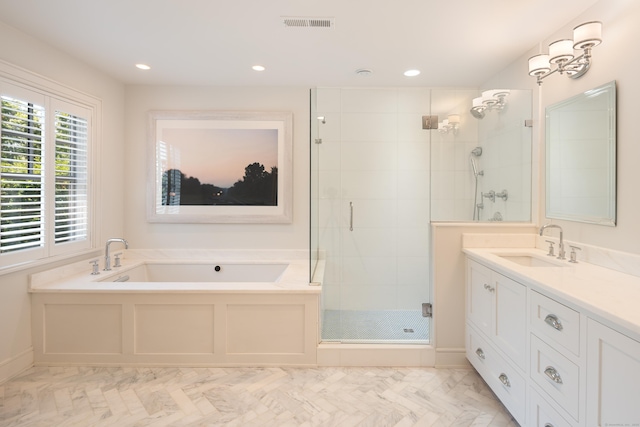 74 Brookside Rd, Darien, CT 06820 - bathroom featuring a shower stall, a garden tub, vanity, and recessed lighting