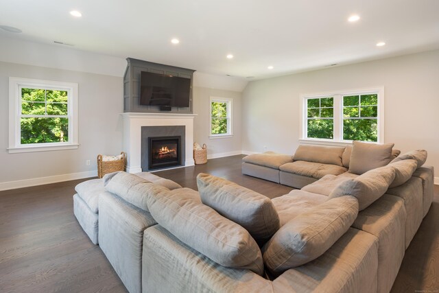 74 Brookside Rd, Darien, CT 06820 - living area featuring recessed lighting, dark wood-style flooring, and a fireplace