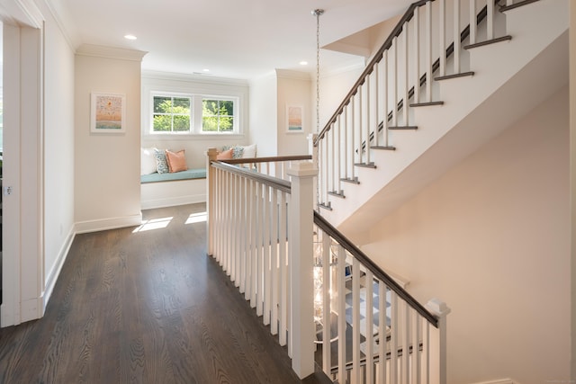 74 Brookside Rd, Darien, CT 06820 - hall with crown molding, dark wood-type flooring, recessed lighting, and stairs