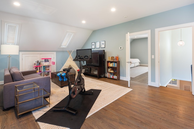 74 Brookside Rd, Darien, CT 06820 - workout area with recessed lighting, wood finished floors, and lofted ceiling