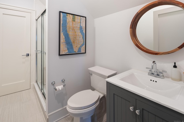 74 Brookside Rd, Darien, CT 06820 - bathroom with an enclosed shower, vanity, and lofted ceiling