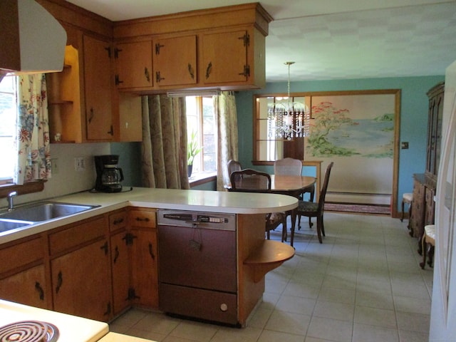 8 Susan Ln, Meriden, CT 06450 - kitchen featuring dishwasher, light countertops, a chandelier, baseboard heating, and a peninsula