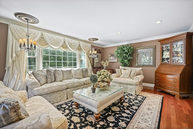 40 Hawley Rd, Danbury, CT 06811 - living room with a chandelier, ornamental molding, wood finished floors, and recessed lighting