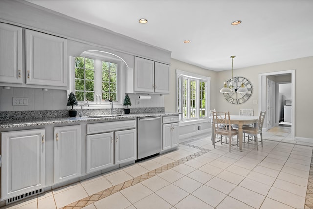 40 Hawley Rd, Danbury, CT 06811 - kitchen featuring dishwasher, recessed lighting, light tile patterned floors, decorative light fixtures, and light stone counters