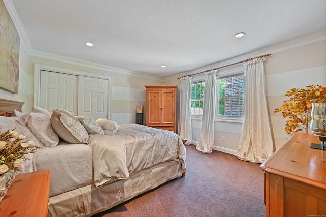 40 Hawley Rd, Danbury, CT 06811 - bedroom with dark colored carpet, ornamental molding, a closet, and recessed lighting