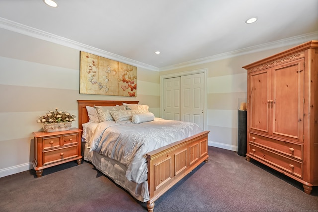 40 Hawley Rd, Danbury, CT 06811 - bedroom with crown molding, a closet, dark colored carpet, and recessed lighting
