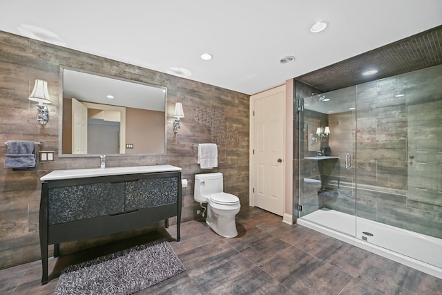 40 Hawley Rd, Danbury, CT 06811 - bathroom with vanity, recessed lighting, tile walls, and a stall shower