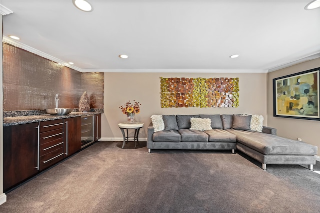 40 Hawley Rd, Danbury, CT 06811 - living area featuring dark carpet, ornamental molding, recessed lighting, and bar area