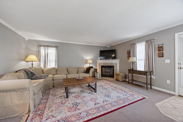 51 Schoolhouse Lndg Unit 51, East Granby, CT 06026 - carpeted living room with plenty of natural light, ornamental molding, and a tile fireplace