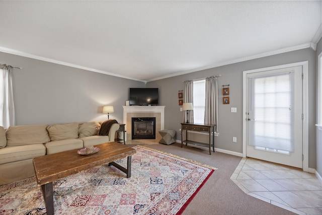51 Schoolhouse Lndg Unit 51, East Granby, CT 06026 - living room with a tile fireplace, crown molding, and light colored carpet