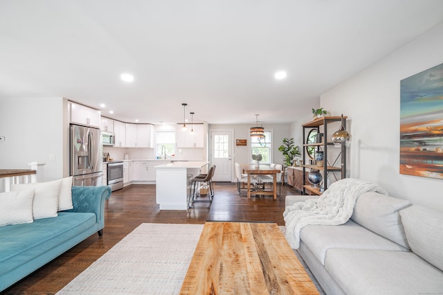 51 Mountain View Dr, Brookfield, CT 06804 - living room featuring dark wood-style flooring and recessed lighting