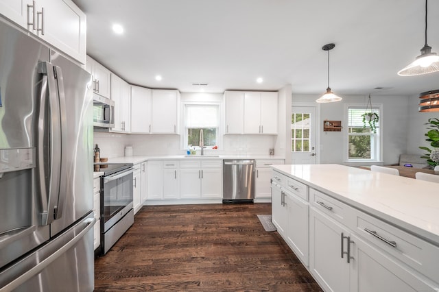 51 Mountain View Dr, Brookfield, CT 06804 - kitchen with stainless steel appliances, tasteful backsplash, plenty of natural light, dark wood finished floors, and recessed lighting