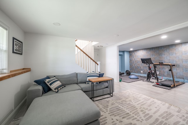 51 Mountain View Dr, Brookfield, CT 06804 - living room featuring wood finished floors, stairs, and recessed lighting